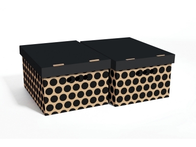 Papierová krabica A4 čierna bodka, bal./2ks - Papierová krabica vhodná na uskladnenie menších vecí. Krabica má lesklý povrch, v prednej časti miesto na vloženie štítku. Poslúži aj ako organizér. 
Rozmer 28x35x18 cm.
1 bal./2ks cena za 1 bal.